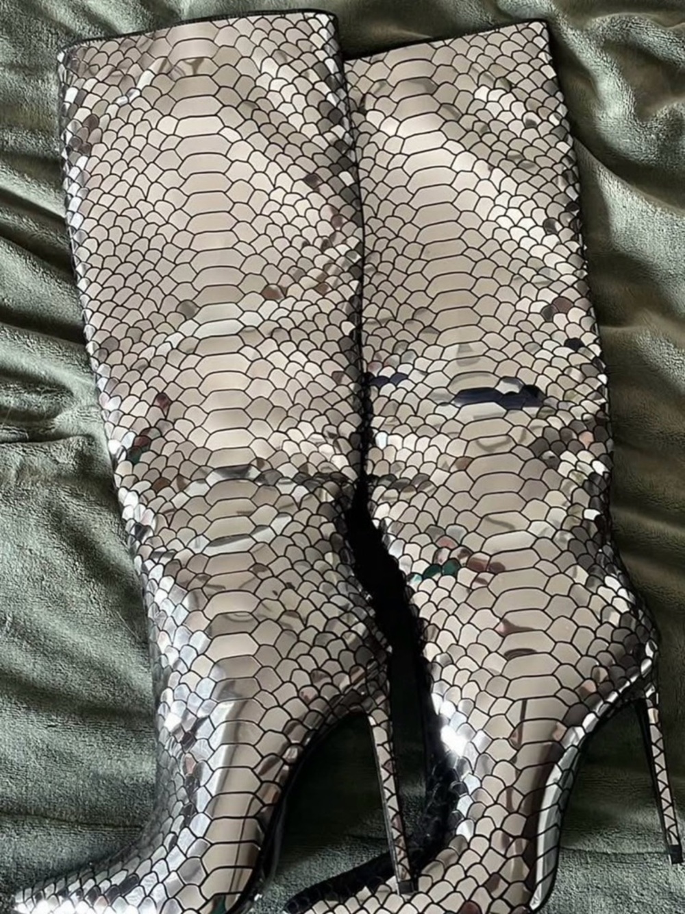 Fashion Nova Silver Snake-Print Over-the-Knee Stiletto Boots